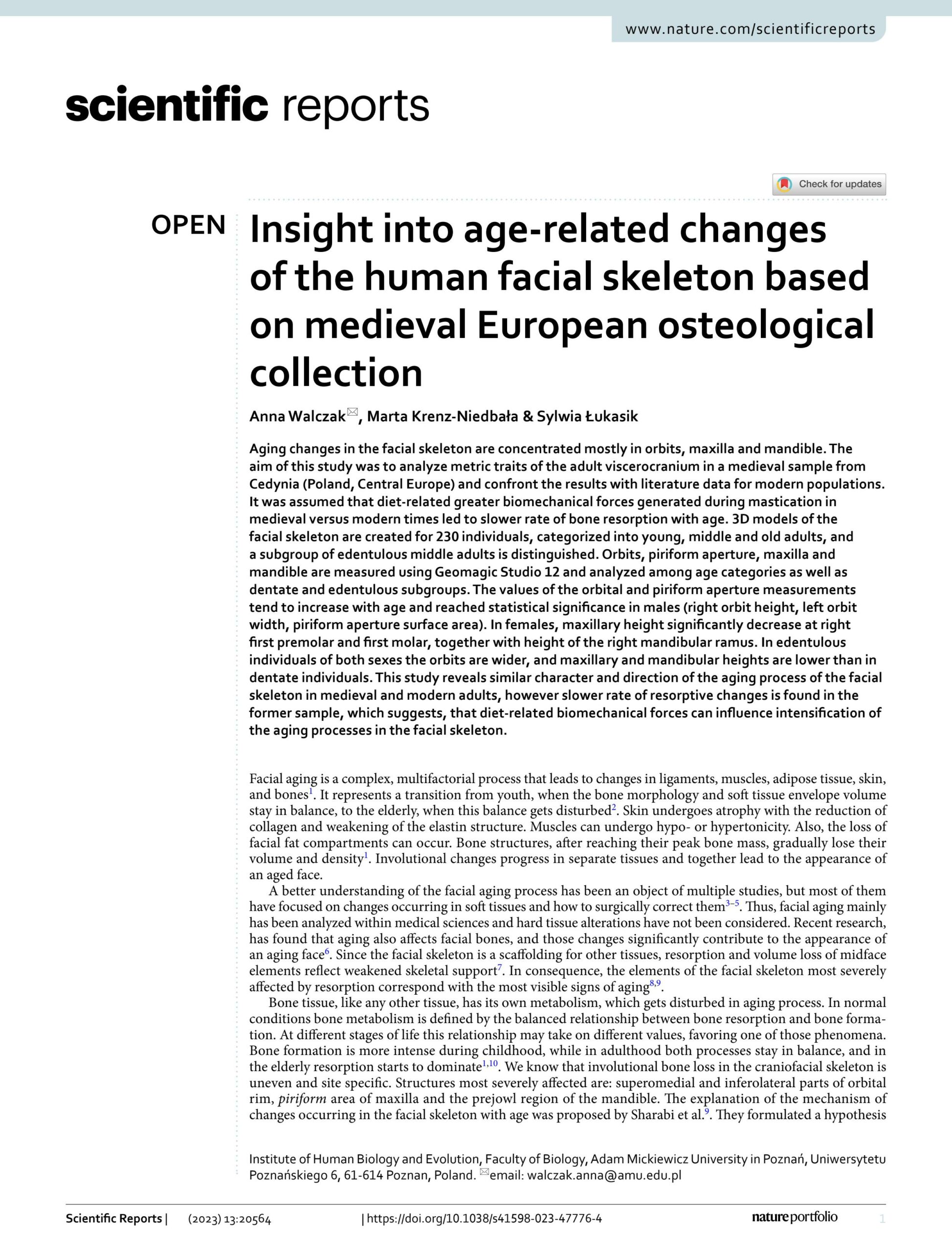 Insight into age-related changes of the human facial skeleton based on medieval European osteological collection